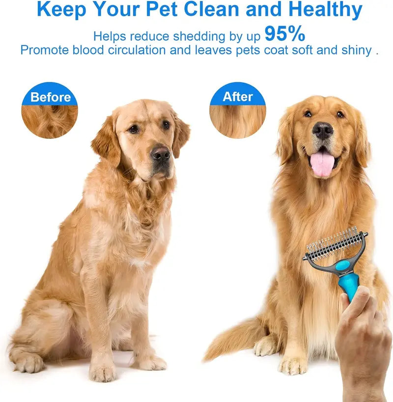🐾Double-Sided Pet Grooming Brush – Hurtless Shedding & Dematting Undercoat Rake for Dogs and Cats