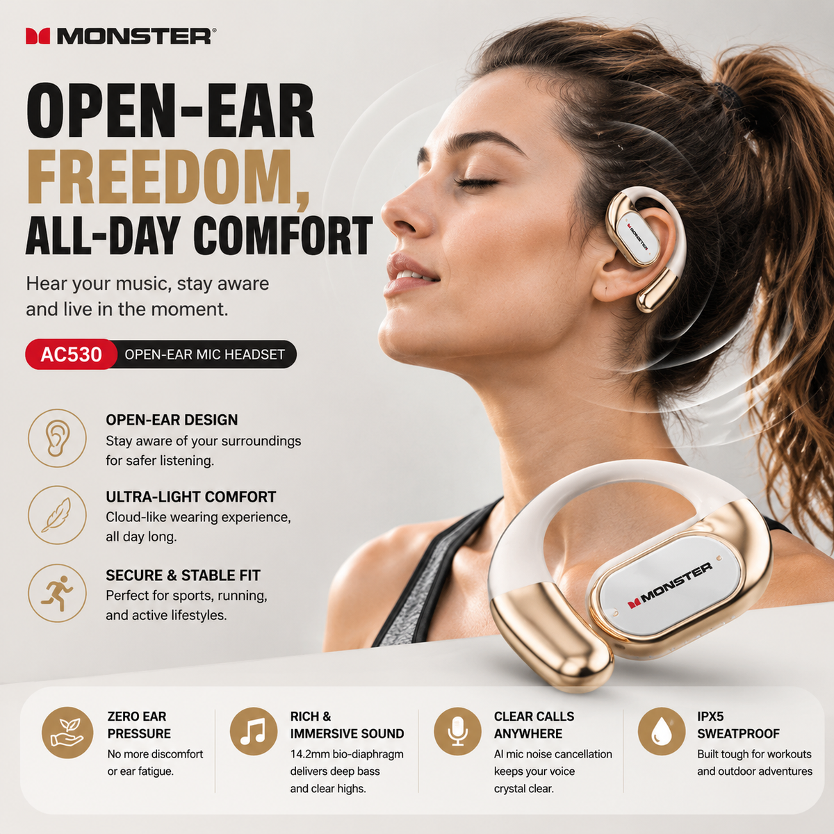 🎧 Monster AC530 Open-Ear Headset | 165H Battery, Bluetooth 6.0, Ultra Comfort Wireless Earbuds