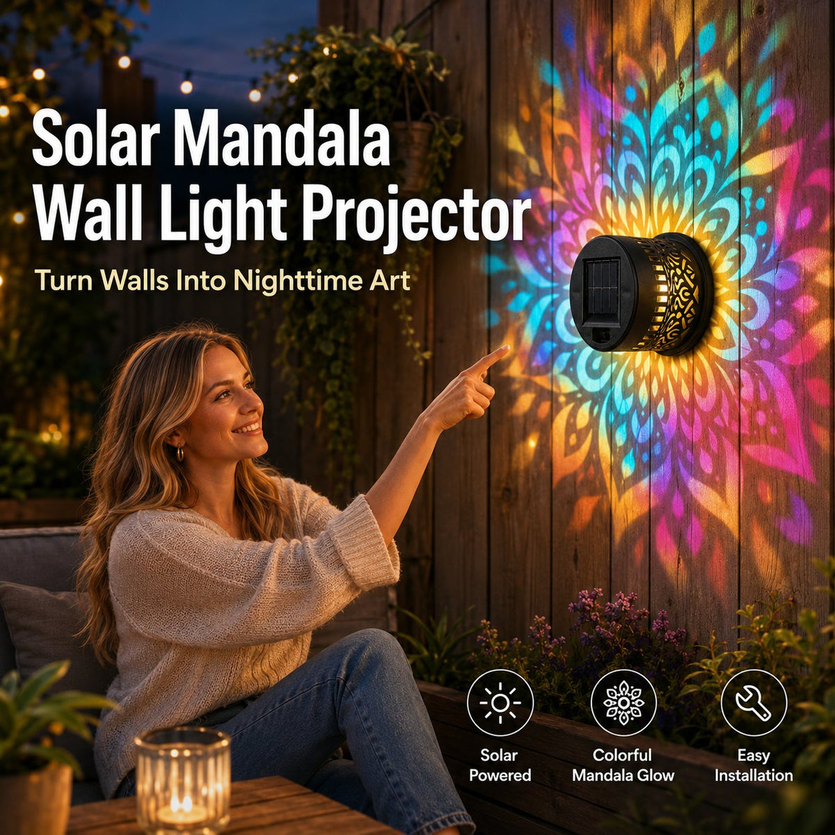 🌙Solar Mandala Wall Light Outdoor Garden Fence Projector Lamp Patio Ambient Decor