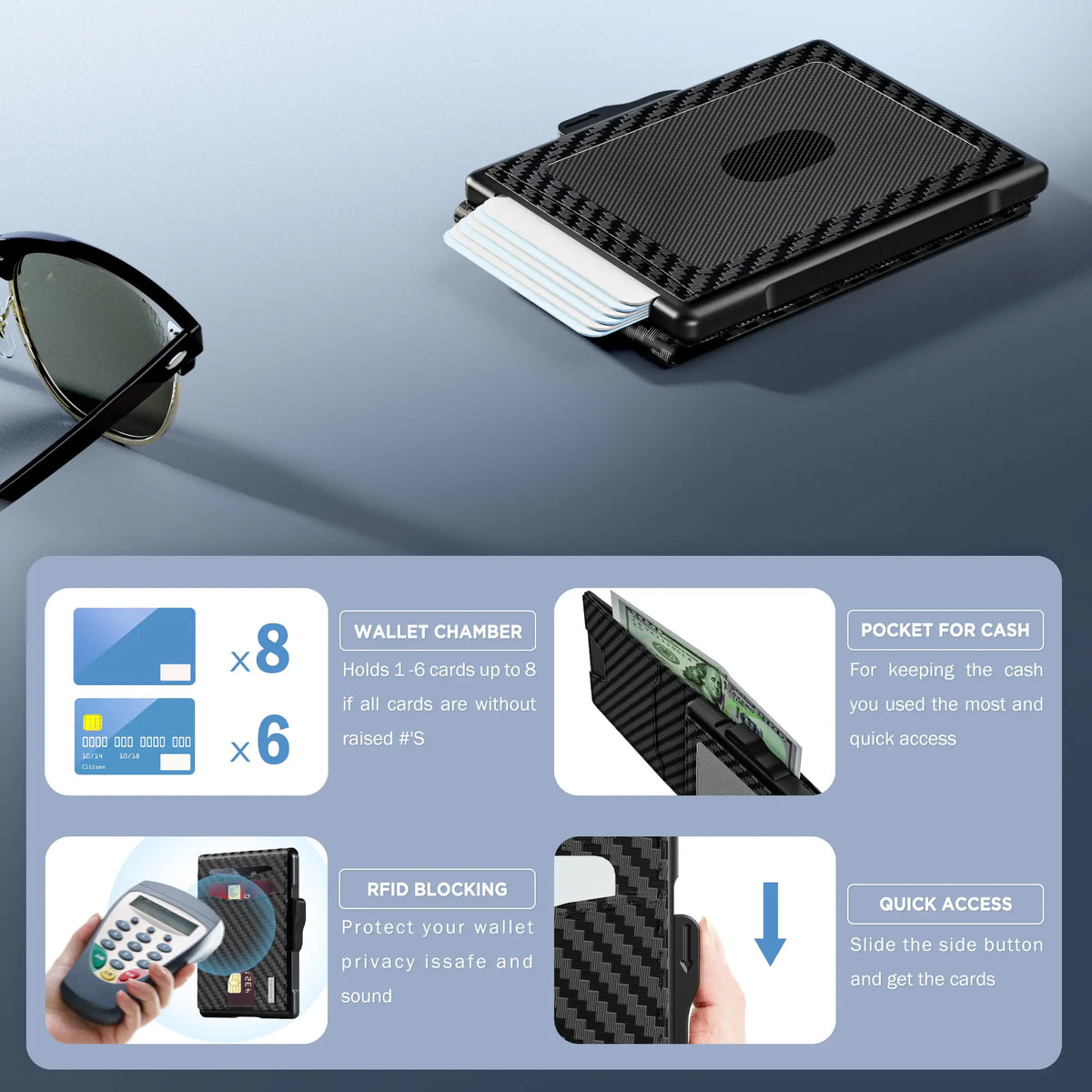 ✨Wallet for Men- Pop Up Case, Cash Slot, and Credit Card Slot - Aluminum Wallet with RFID Blocking, Minimalist Leather Wallet Front Pocket with ID Window