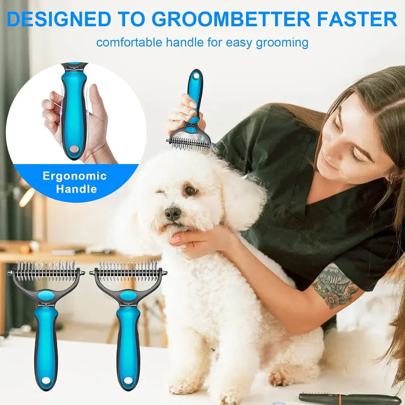 🐾Double-Sided Pet Grooming Brush – Hurtless Shedding & Dematting Undercoat Rake for Dogs and Cats