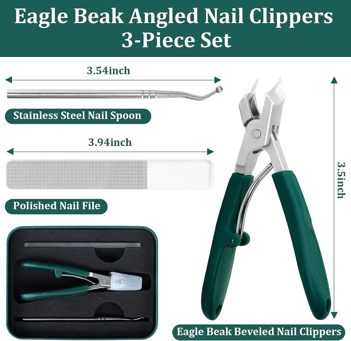 🦅 3Pcs Eagle-Beak Ingrown Toenail Clipper  – Ultra Sharp, Precision 30° Curved Blade, Splash-Proof