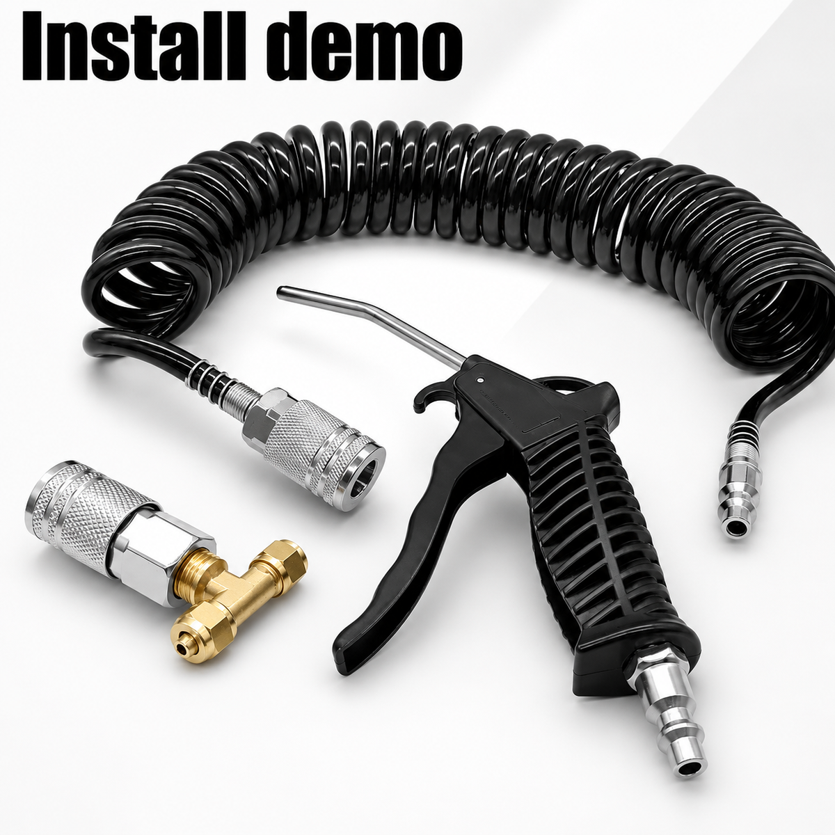 💨 High Flow Air Blow Gun Kit with 16FT Coiled PU Hose & Brass T-Fitting
