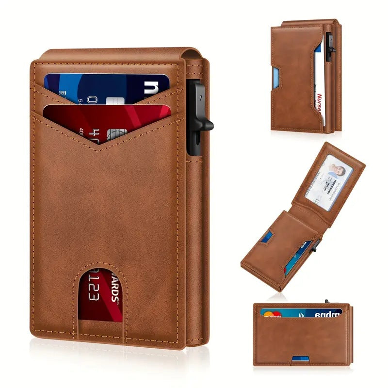 ✨Wallet for Men- Pop Up Case, Cash Slot, and Credit Card Slot - Aluminum Wallet with RFID Blocking, Minimalist Leather Wallet Front Pocket with ID Window